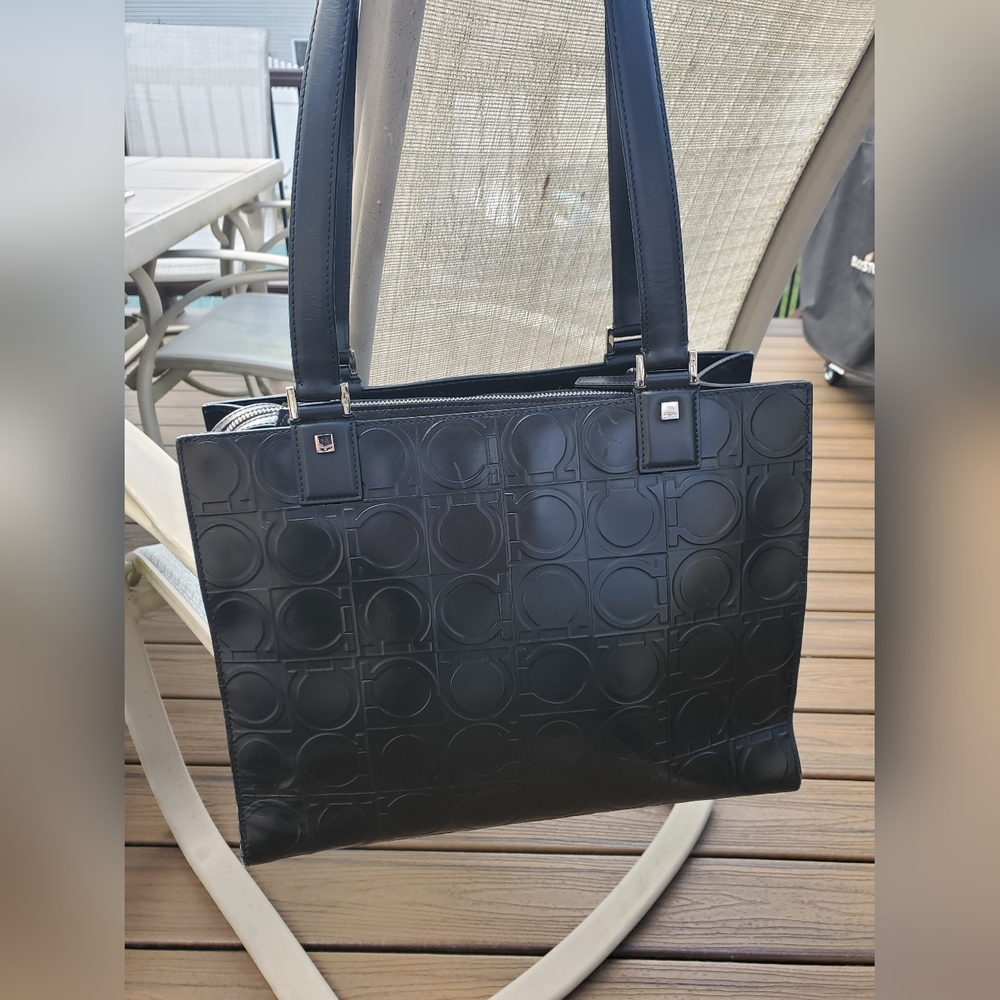 Salvatore Ferragamo Black  Embossed Gancini Shoulder Bag with Red Suede Interior